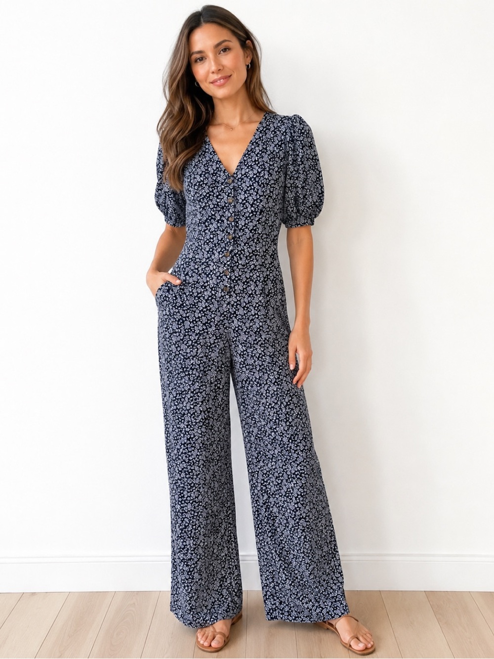 Universal Thread Floral Jumpsuit Women’s XS Navy White Wide Leg Button Front